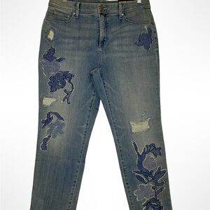 Chico So Slimming Girlfriend Crop Mid Rise Jeans Floral Embroidered Stretch Sz 6